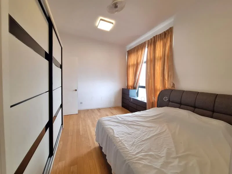 Bedroom features: queen-size bed, upholstered headboard, wooden flooring, floor-to-ceiling window, sheer curtains, built-in wardrobe with sliding doors, recessed ceiling light, neutral wall color; style: modern.