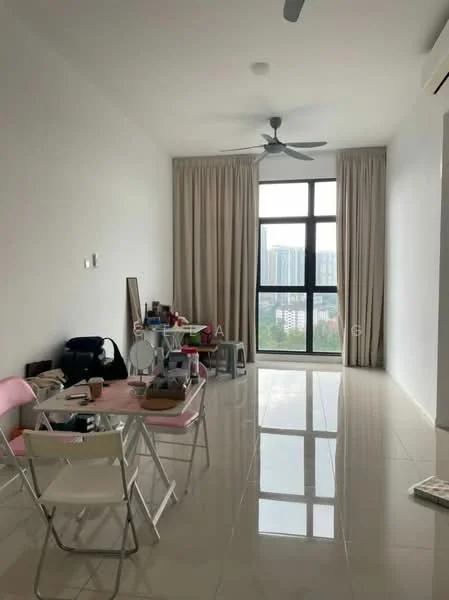 Living features: white painted walls, glossy tile flooring, 5-blade ceiling fan, floor-to-ceiling windows, sheer curtains, dining table with chairs, decorative items on table, city view; style: modern; view: city.