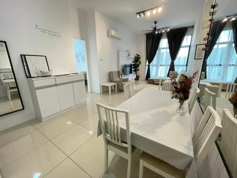 Dining features: white dining table, 4 white dining chairs, decorative tablecloth, vase with flowers, mirror on wall, white cabinetry, wall-mounted TV, ceiling fan with light, large windows with sheer curtains, light-colored tiled flooring, decorative wall art, greenery in corner; style: modern. Living features: beige armchair, grey sofa, coffee table, wall-mounted TV, decorative wall art, large windows with sheer curtains, ceiling fan with light; style: modern.