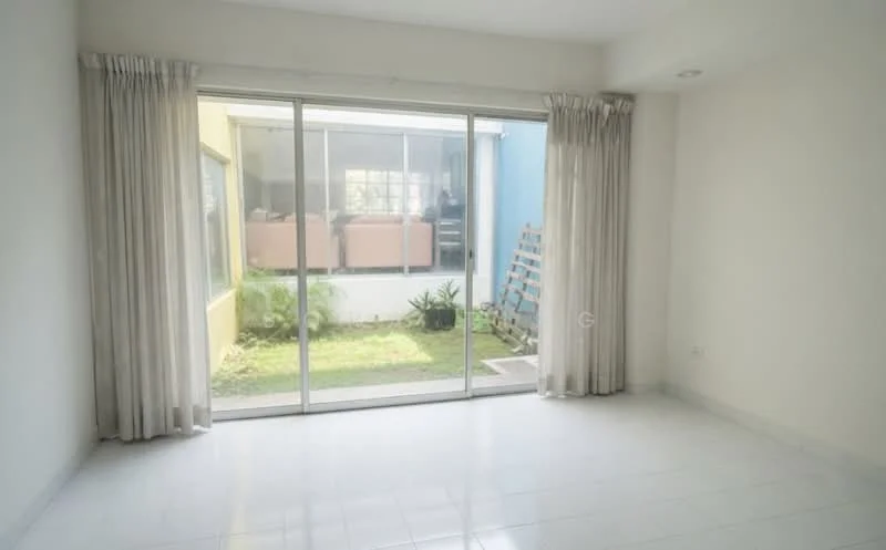 Living features: white painted walls, glossy white tile flooring, floor-to-ceiling sliding glass door, sheer curtains, natural light from large window, view of garden, minimalist decor, open layout; style: modern; view: garden.
