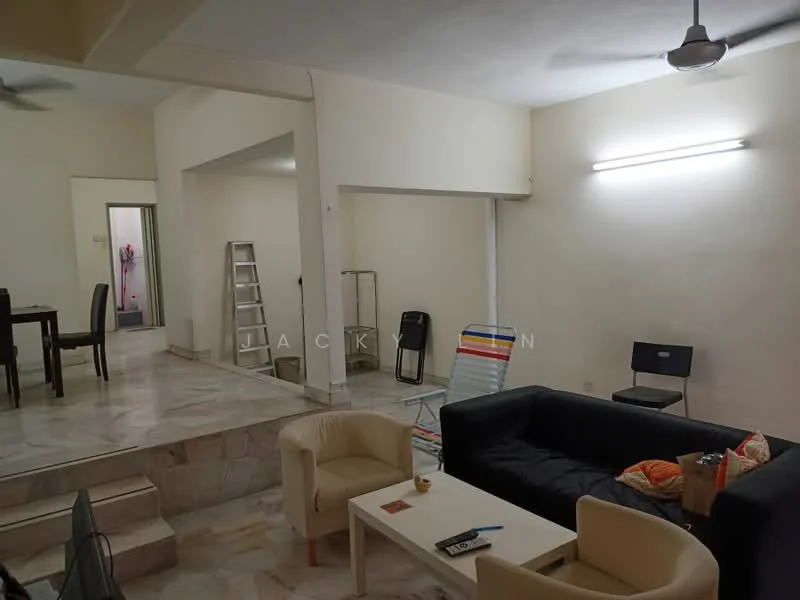 Living features: marble flooring, white painted walls, 5-blade ceiling fan, sofa in dark fabric, coffee table, area rug, floor lamp, wall-mounted lighting, sliding door to adjacent room, open layout to dining area; style: modern. Dining features: dining table, chairs, ladder in background, open layout to living area.
