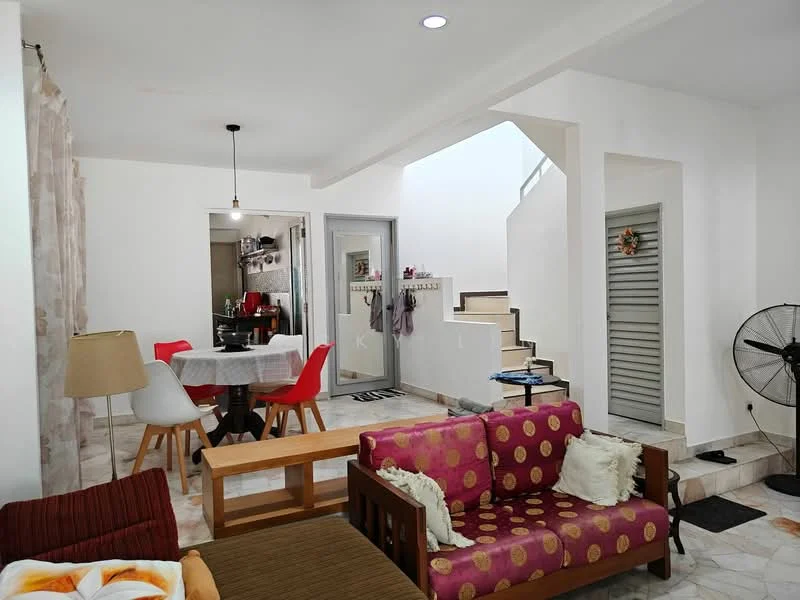 Living features: sofa with polka dot pattern, wooden coffee table, floor lamp, marble tile flooring, white painted walls, recessed downlights, area rug, ceiling fan; style: modern. Dining features: 4-seater dining table, red dining chairs, white tablecloth; style: modern. Hallway features: staircase, white walls, tile flooring.