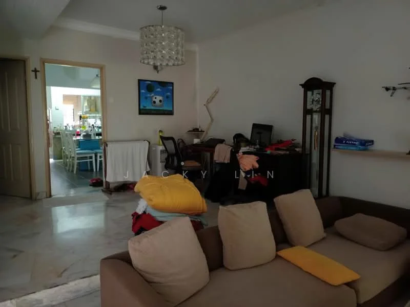Living features: 3-seater fabric sofa in beige, marble flooring, chandelier, wall-mounted TV, decorative wall clock, open shelving, area rug, floor lamp; style: modern. Room features: dining table visible in background, wooden door, light-colored walls, desk with chair, cluttered workspace.