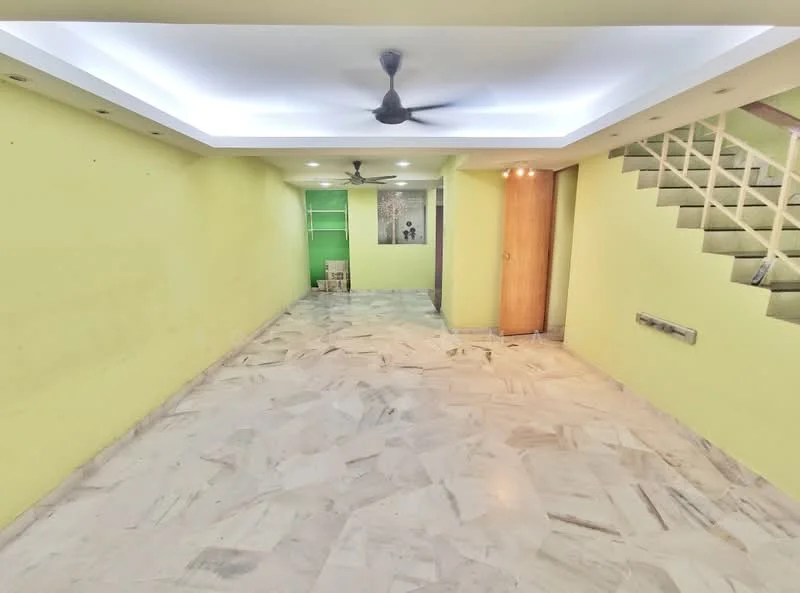 Room features: marble flooring, green painted walls, tray ceiling with recessed lighting, ceiling fan, staircase, door leading to another room, open layout, natural light from windows; style: modern.