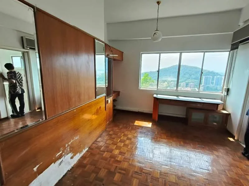 Room features: parquet wood flooring, white painted walls, large windows with mountain view, built-in wooden cabinetry, mirror on wall, ceiling light fixture, corner desk area, natural light from windows; view: mountain.