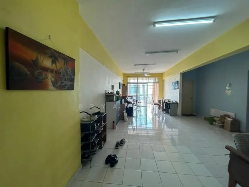 Room features: white painted walls, yellow painted accent wall, glossy white tile flooring, ceiling with fluorescent lighting, large windows with sheer curtains, open layout, decorative painting on wall, furniture including a desk and chairs, shelves with storage boxes, sliding glass door leading to balcony, area rug, houseplants, floor space for additional furniture; style: modern; view: city.