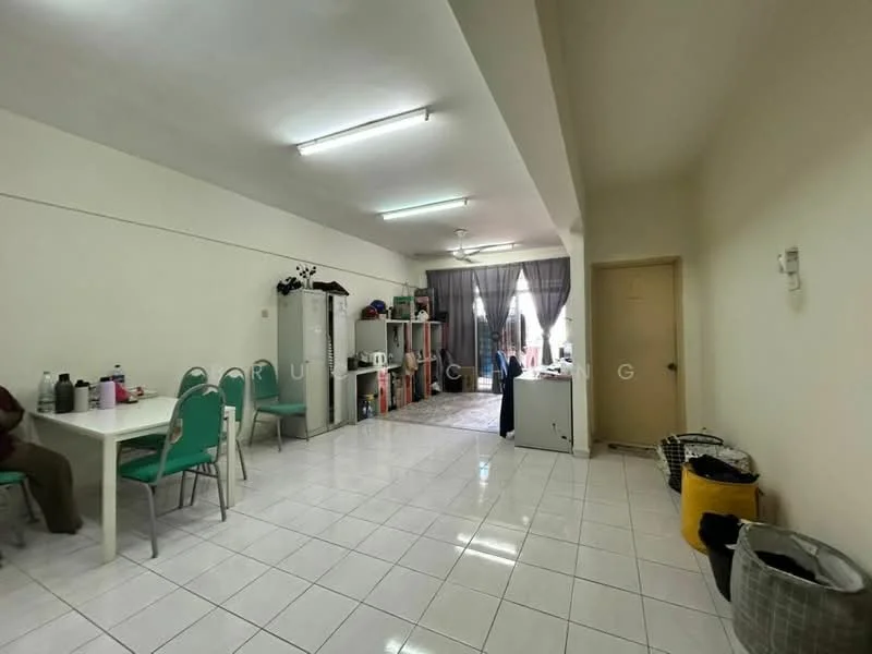 Room features: white painted walls, glossy white tile flooring, fluorescent ceiling lights, dining table with four green chairs, refrigerator, kitchen cabinets, curtains on windows, area rug, storage boxes, open layout; style: modern.