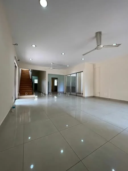 Living features: white painted walls, polished ceramic tile flooring, 5-blade ceiling fan with light, recessed downlights, large glass sliding doors, staircase leading to upper floor, open layout, natural light from windows; style: modern.