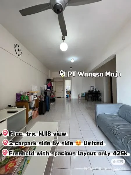 Living features: white painted walls, ceramic tile flooring, 5-blade ceiling fan, wall clock, sofa in grey, open space layout, natural light from windows, decorative items on shelves; style: modern.