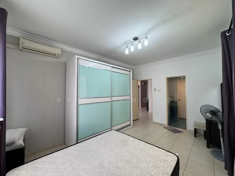 Bedroom features: queen-size bed, built-in wardrobe with frosted glass doors, 1 wall-mounted split AC, ceiling light fixture, white painted walls, tile flooring, curtains, fan.
