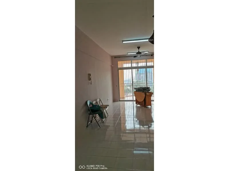 Living features: white painted walls, glossy tile flooring, 5-blade ceiling fan with light, floor-to-ceiling windows, sliding glass door, dining table, chairs, balcony view; style: modern; view: city.