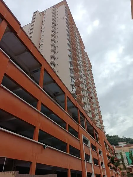 Exterior type: high-rise condominium; features: orange painted facade, balconies on upper floors, multi-storey car park, concrete structure, windows with white frames, approximately 15-storey high-rise, surrounded by greenery; style: modern.