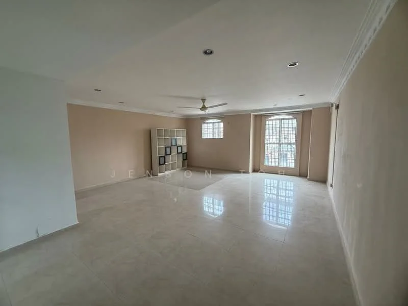Living features: cream painted walls, polished ceramic tile flooring, 5-blade ceiling fan with light, floor-to-ceiling windows, natural light from windows, crown moulding, built-in shelving unit, recessed downlights; style: modern.