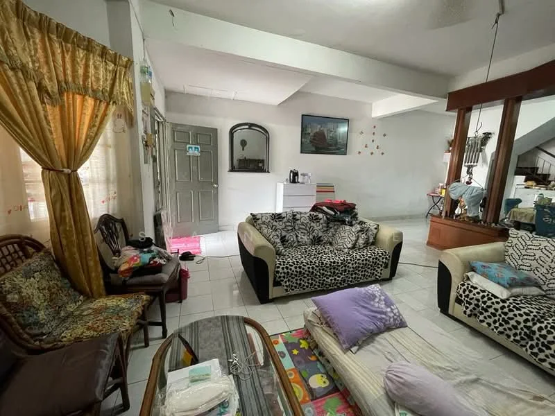 Living features: white painted walls, tiled flooring, sofa with animal print upholstery, 2-seater fabric sofa, wooden coffee table, area rug with colorful pattern, curtains with floral pattern, wall-mounted mirror, decorative wall art, open layout with visible dining area, ceiling fan; style: traditional.