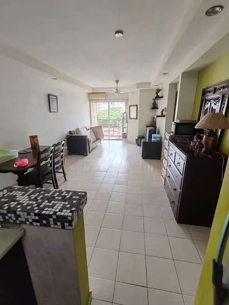 Living features: white painted walls, tile flooring, ceiling light fixture, sofa in beige, dining table with chairs, wooden sideboard, decorative items on shelves, floor-to-ceiling windows, curtains, balcony door; style: modern; view: garden.