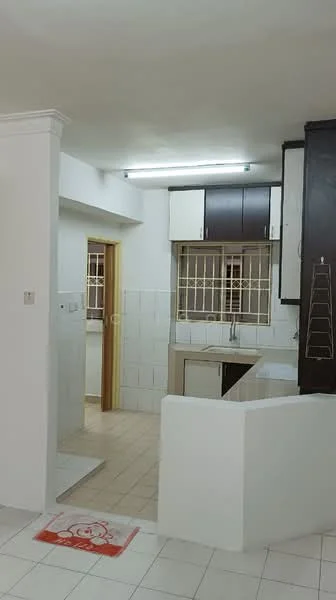 Kitchen features: white tiled walls, cream tiled flooring, L-shaped countertop, single-bowl stainless-steel sink, chrome pull-down faucet, wood cabinetry in dark brown, white upper cabinets, window with metal grills, fluorescent ceiling lights; style: modern.