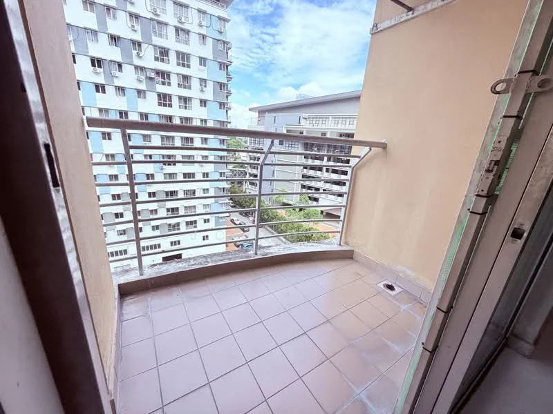 Room features: balcony, metal railing, tiled flooring, city view, sliding glass door, exterior wall, overhead ceiling, outdoor space; view: city.