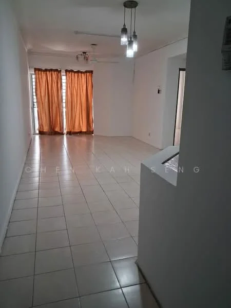 Room features: white painted walls, ceramic tile flooring, ceiling fan, 3 pendant lights, orange curtains, large windows, open layout, neutral color scheme; style: modern.
