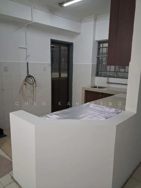 Kitchen features: white painted walls, cream tiled flooring, laminate countertop, single-bowl stainless-steel sink, chrome pull-down faucet, wood cabinetry, open layout with breakfast bar, window with metal grille, kitchen appliances not visible; style: modern.