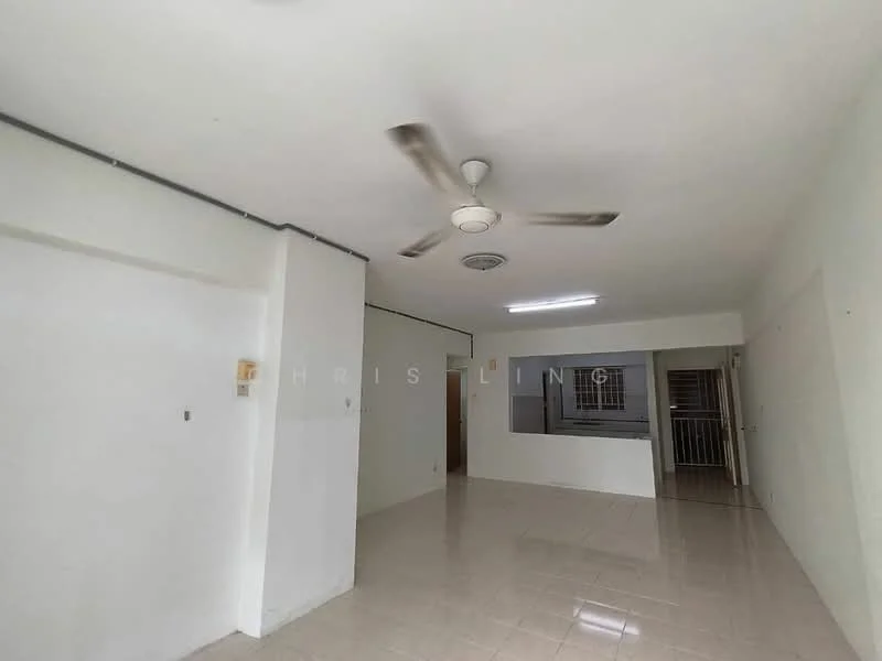 Living features: white painted walls, glossy tile flooring, 5-blade ceiling fan, recessed ceiling lights, large window with view to balcony, open layout, air conditioning unit, neutral color scheme; style: modern.