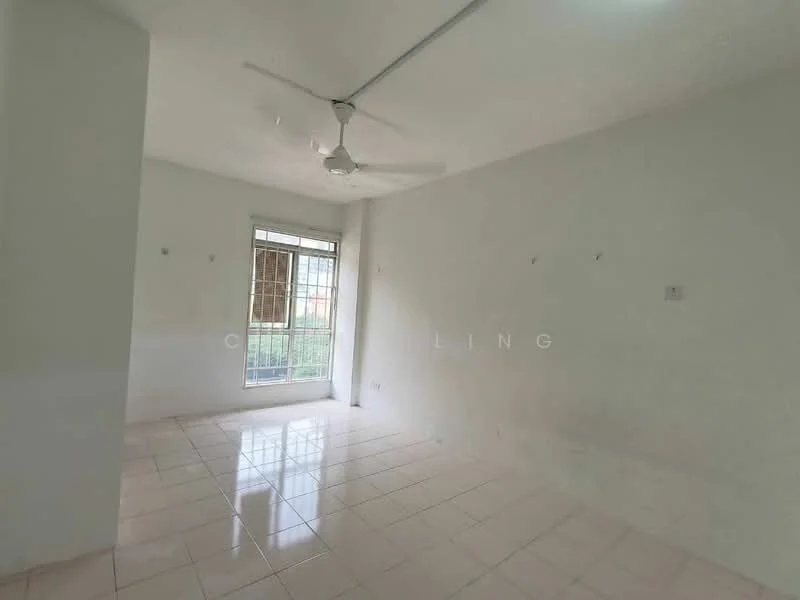 Room features: white painted walls, glossy ceramic tile flooring, ceiling fan, window with grille, natural light from window.