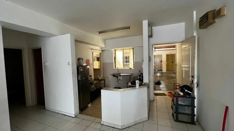 Kitchen features: white walls, tile flooring, kitchen island, stainless-steel fridge, sink, countertop, open layout, window with natural light. Room features: door leading to hallway, door leading to outdoor area, light fixture on ceiling.