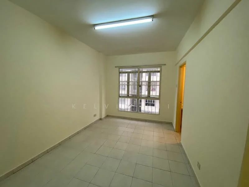 Room features: white painted walls, tile flooring, fluorescent ceiling light, multiple windows, neutral color scheme, doorway leading to another room, corner window, no visible furniture; style: minimalist.