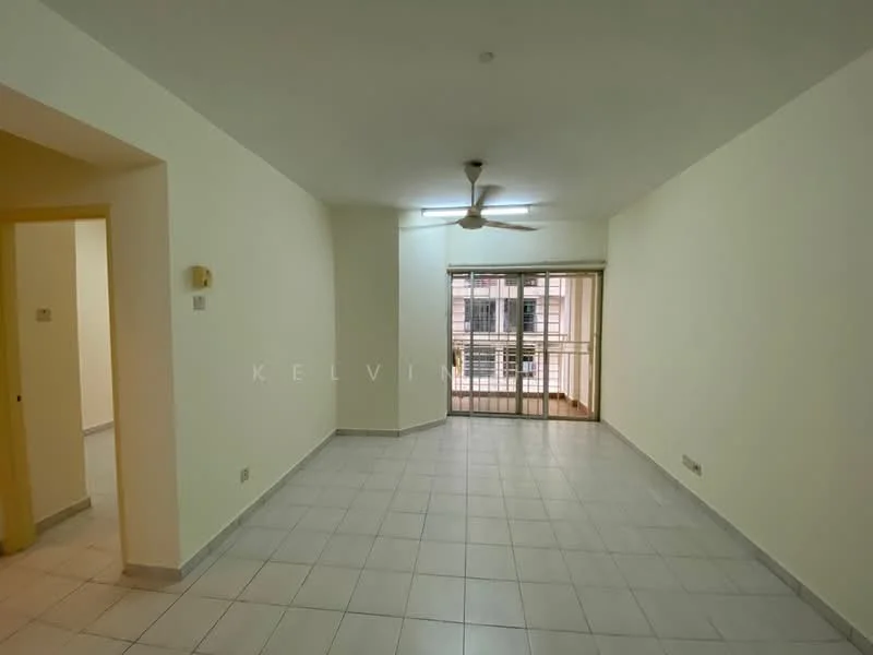 Living features: white painted walls, grey tiled flooring, 5-blade ceiling fan with light, sliding glass door, floor-to-ceiling windows, natural light from windows, open layout, neutral color scheme; style: modern.