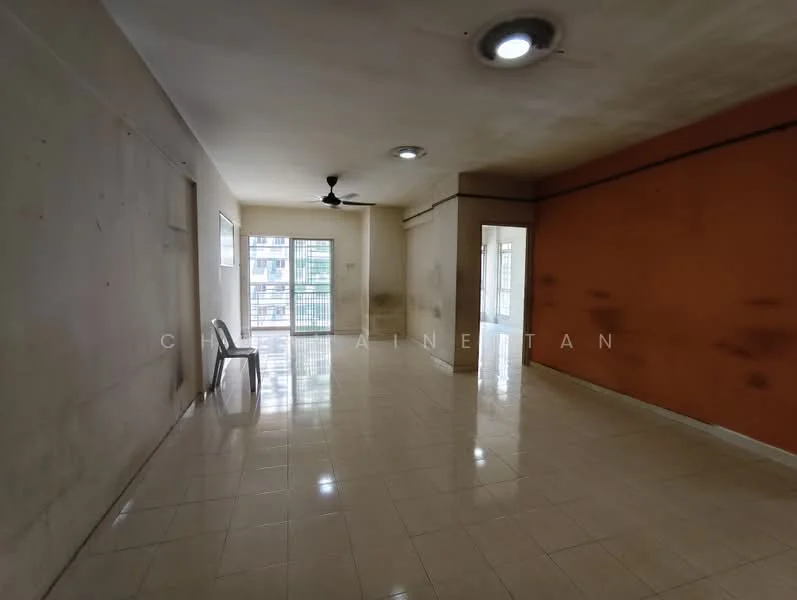 Room features: white painted walls, orange accent wall, glossy tile flooring, ceiling with recessed lights, ceiling fan, large window with view, empty space, no visible furniture; style: minimalist.