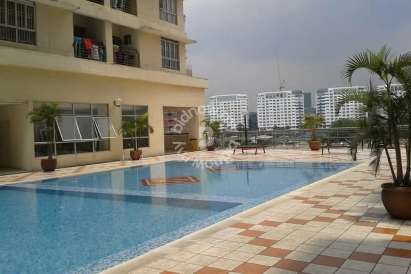 Exterior type: swimming pool deck; features: rectangular swimming pool, tiled pool deck, potted palm trees, surrounding lounge area, city skyline in background, balcony access from building, outdoor seating area, sun loungers, textured stone paving, clear blue water; style: modern.