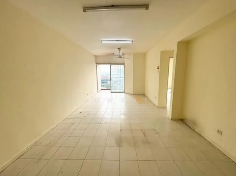 Room features: white painted walls, tile flooring, ceiling with fluorescent lights, sliding glass door, floor-to-ceiling windows, city view, ceiling fan; view: city.