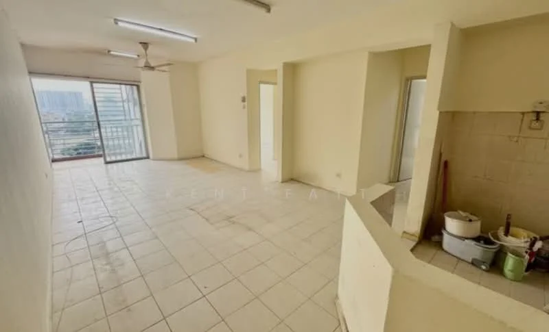Living features: white painted walls, tile flooring, 5-blade ceiling fan, floor-to-ceiling windows, sliding glass door, balcony access, open layout, natural light; view: city. Kitchen features: tile flooring, white walls, kitchen counter, sink, cabinets, appliance space.