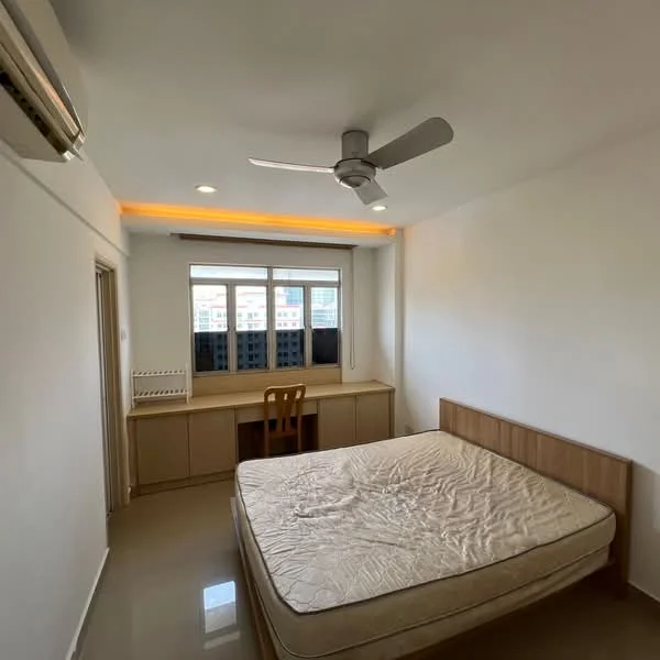Bedroom features: queen-size bed, wooden headboard, study desk, chair, floor-to-ceiling windows, white painted walls, recessed downlights, ceiling fan, air conditioning unit, glossy tile flooring; style: modern; view: city.