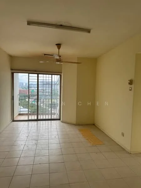 Living features: cream painted walls, tile flooring, 5-blade ceiling fan, sliding glass door, floor-to-ceiling windows, city view, light from windows, neutral color scheme; view: city.