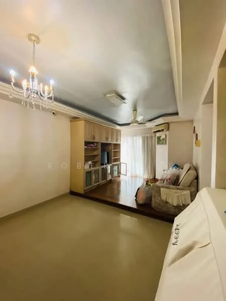 Living features: cream painted walls, polished concrete flooring, tray ceiling, chandelier, ceiling fan, built-in cabinetry, floor-to-ceiling windows, curtains, TV console, sofa, area rug; style: modern.