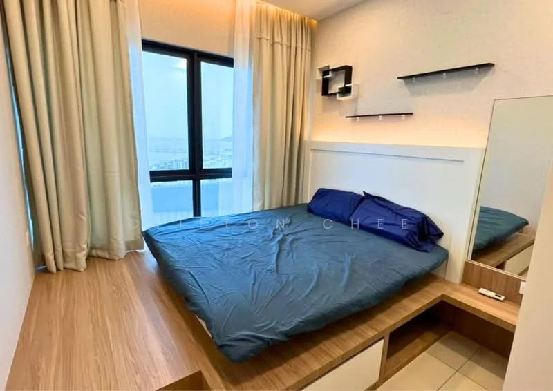 Bedroom features: king-size bed with blue bedding, wooden platform bed frame, floor-to-ceiling window, sheer curtains, decorative wall shelves, mirrored wall, wooden flooring, accent lighting, light-colored walls; style: modern; view: city.