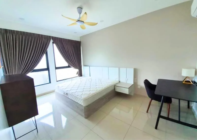 Bedroom features: queen-size bed, upholstered headboard, 2 bedside tables, desk with chair, 5-blade ceiling fan with light, floor-to-ceiling windows, sheer curtains, cream painted walls, glossy tile flooring, built-in wardrobe; style: modern; view: city.