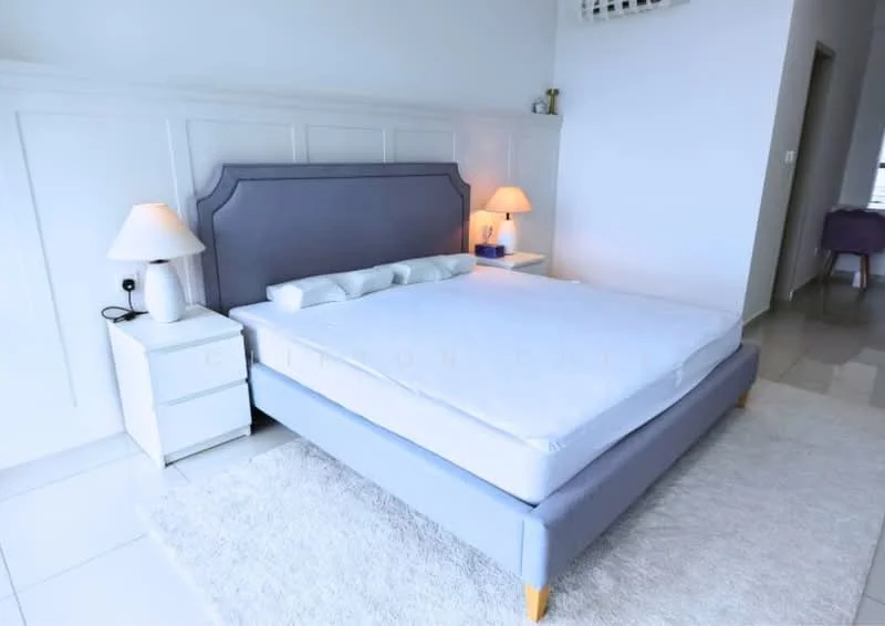 Bedroom features: queen-size bed with upholstered headboard, white bedding, 2 bedside lamps with warm light, white nightstands, light grey area rug, white painted walls, large windows with natural light, polished tile flooring; style: modern.