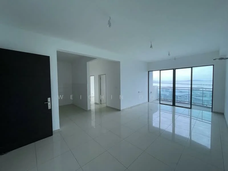 Room features: white painted walls, glossy ceramic tile flooring, floor-to-ceiling windows, sliding glass door, open layout, recessed downlights, view of the sea, balcony access; style: modern; view: sea.