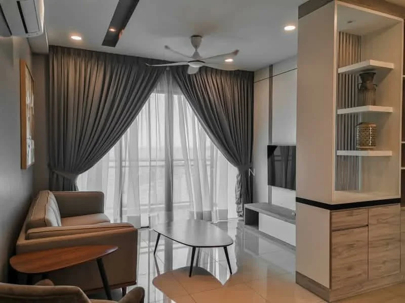 Living features: 3-seater fabric sofa in light grey, wooden coffee table, floor-to-ceiling windows, sheer curtains, dark grey drapes, wall-mounted TV, built-in shelving unit, recessed downlights, ceiling fan with light, polished tile flooring, decorative wall art; style: modern; view: city.