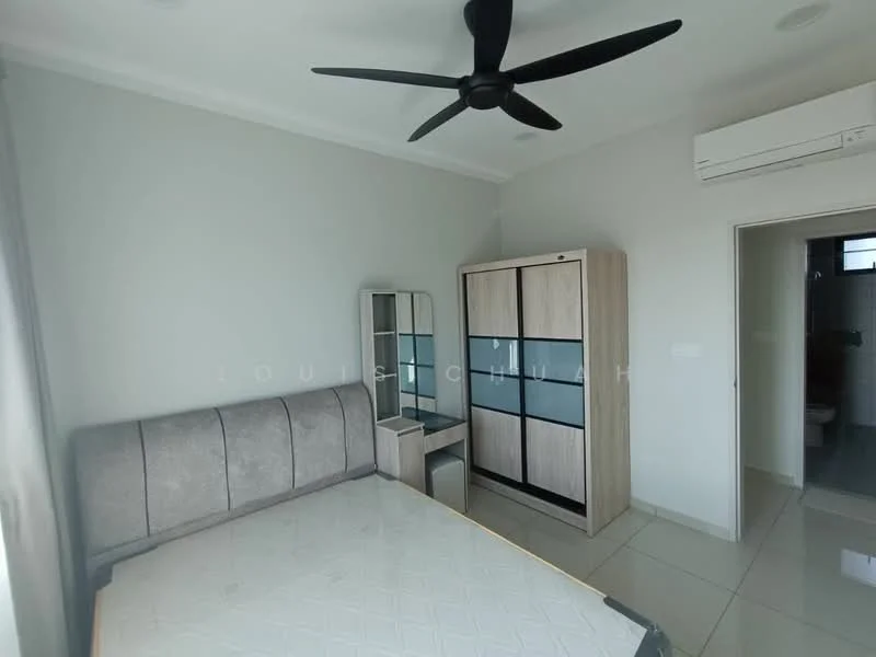 Bedroom features: queen-size bed, upholstered headboard, 2 bedside tables, mirror with frame, built-in wardrobe with glass panels, ceiling fan, wall-mounted air conditioning unit, tiled flooring, light grey painted walls, window with sheer curtains; style: modern.