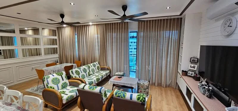 Living features: 3-seater fabric sofa with floral pattern, 2-seater fabric sofa with floral pattern, wooden coffee table, TV console, wall-mounted TV, floor-to-ceiling windows, sheer curtains, 5-blade ceiling fans, wooden flooring, decorative wall paneling, framed photographs, area rug; style: modern; view: city.