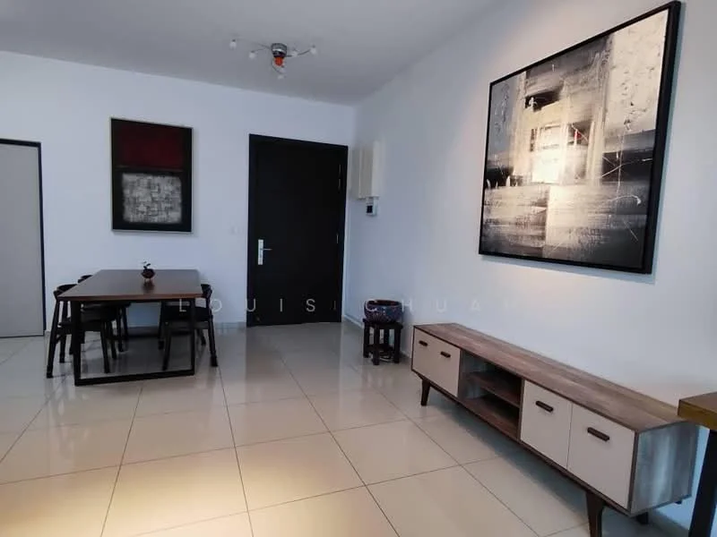 Living features: white painted walls, glossy tile flooring, recessed downlights, large artwork on wall, wooden TV console, dining table with chairs, door leading to hallway, air conditioning unit on wall; style: modern.