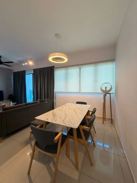 Dining features: marble dining table, 4 upholstered dining chairs with wooden legs, pendant light fixture, floor-to-ceiling windows, sheer window treatments, grey curtains, polished tile flooring, decorative standing fan; style: modern. Living features: 3-seater fabric sofa, wall-mounted TV, coffee table, area rug; style: modern.