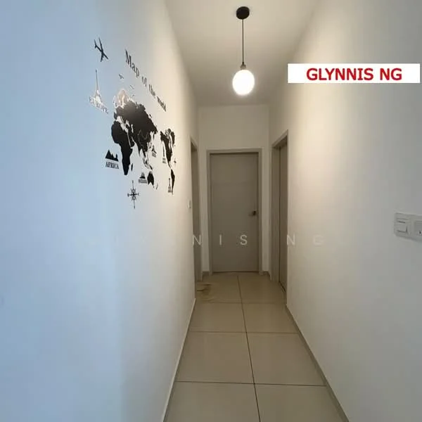 Hallway features: white painted walls, tile flooring, ceiling light fixture, map wall decal, door leading to rooms, neutral color scheme, baseboards, wall-mounted light switch; style: modern.