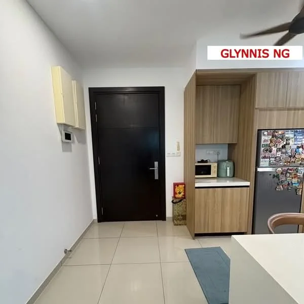 Room features: white painted walls, light grey floor tiles, dark wooden door, wooden cabinetry, stainless-steel fridge, microwave, wall-mounted intercom, light blue area rug, ceiling fan; style: modern.