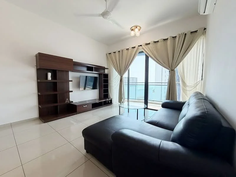 Living features: black leather sofa, glass coffee table, wooden TV console, wall-mounted TV, floor-to-ceiling windows, sheer curtains, tile flooring, ceiling fan, recessed lighting; style: modern; view: city.