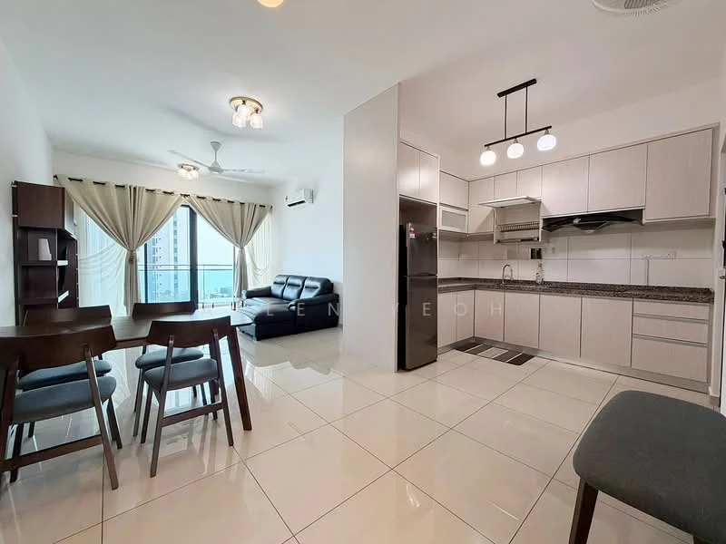 Living features: black leather sofa, 4-seater dining table with wooden chairs, floor-to-ceiling windows, sheer curtains, recessed downlights, white painted walls, ceramic tile flooring, air conditioning unit, TV console, coffee table, kitchen island with seating, stainless-steel fridge, built-in kitchen cabinetry, granite countertop, kitchen hood; style: modern; view: city.