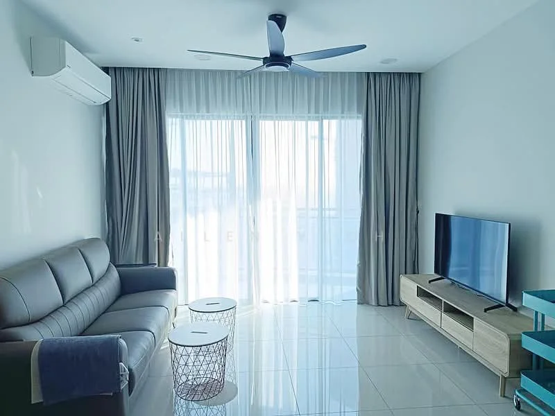 Living features: grey leather sofa, round coffee table, wall-mounted TV, TV console in light wood, floor-to-ceiling windows, sheer curtains, dropped ceiling, 5-blade ceiling fan with light, wall-mounted split AC, glossy tile flooring, decorative wall, neutral painted walls; style: modern.