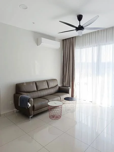 Living features: 3-seater leather sofa in brown, 2 small side tables with wire frames, wall-mounted split AC, floor-to-ceiling windows, sheer curtains, glossy tile flooring, ceiling fan with 3 blades, neutral painted walls, decorative throw blanket on sofa; style: modern.